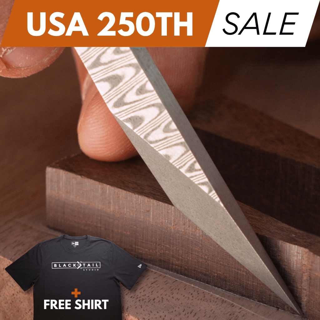 USA 250th Birthday Sale: Damascus Marking Knife with FREE Blacktail Studio Tri-Blend Tee