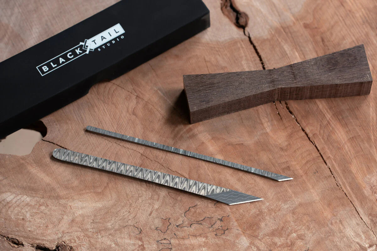 The Damascus Blacktail Bundle: The Damascus Precision Edge Marking Knife, The Damascus Toothpick Marking Knife, The Blacktail Studio Tri-Blend Tee